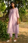 Priti Prashant_Purple Mul Cotton Silk Embroidered Flower Maina Pleated Kurta And Pant Co-ord Set _at_Aza_Fashions