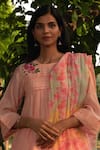 Shop_Priti Prashant_Peach Mul Cotton Silk Printed Flower Round Maina Pleated Kurta Set With Dupatta 