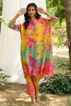 Buy_Priti Prashant_Multi Color Crepe Printed Floral Round Oriole Kaftan And Pant Co-ord Set 