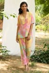 Buy_Priti Prashant_Peach Crepe Printed Floral Collared V Neck Top And Pant Set _Online_at_Aza_Fashions