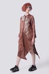 Nitin Bal Chauhan Edge_Brown Linen Satin Embellished Cord Round Assymetric 3d Shirt Dress _Online_at_Aza_Fashions