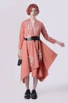 Buy_Nitin Bal Chauhan Edge_Peach Linen Satin Embellished Cord Lapel Collar Floral 3d Assymetric Shacket _at_Aza_Fashions