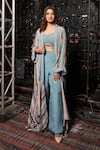 Buy_Sandhya Shah_Blue Crepe Print Stripe Jacket Open Ella Cape Sharara Set _at_Aza_Fashions