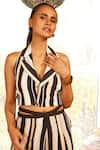 Sandhya Shah_Black Crepe Print Stripe Lapel Collar Zoe Crop Top With Flared Pant _at_Aza_Fashions