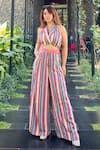 Buy_Sandhya Shah_Pink Crepe Print Stripe Lapel Collar Natasha Crop Top With Flared Pant _at_Aza_Fashions