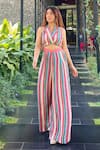 Shop_Sandhya Shah_Pink Crepe Print Stripe Lapel Collar Natasha Crop Top With Flared Pant _Online_at_Aza_Fashions