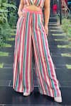 Buy_Sandhya Shah_Pink Crepe Print Stripe Lapel Collar Natasha Crop Top With Flared Pant 