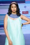 Sandhya Shah_Blue Dupion Silk Print Floral U-neck Charis Border Strappy Dress _Online_at_Aza_Fashions