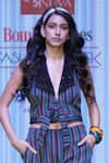 Sandhya Shah_Black Crepe Print Stripe Lapel Collar Aniceta Crop Top With Flared Pant _Online_at_Aza_Fashions