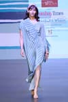 Buy_Sandhya Shah_Blue Crepe Print Stripe V-neck Harmony Ruched Dress _at_Aza_Fashions