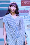 Sandhya Shah_Blue Crepe Print Stripe V-neck Harmony Ruched Dress _Online_at_Aza_Fashions