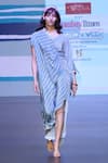 Buy_Sandhya Shah_Blue Crepe Print Stripe V-neck Harmony Ruched Dress _Online_at_Aza_Fashions