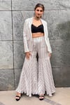 Buy_Sandhya Shah_White Crepe Printed Geometric Blazer Lapel Collar Kairos Flared Pant Set _at_Aza_Fashions