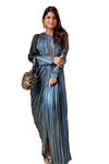 Shop_ABSTRACT BY MEGHA JAIN MADAAN_Grey Chiffon Embellishment Pipe Round Stripe Print Draped Dress_at_Aza_Fashions