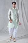 Buy_Arihant Rai Sinha_Green Attached Jacket Jacquard Mughal Floral Pattern Kurta And Dhoti Pant Set _at_Aza_Fashions