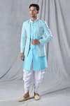 Buy_Arihant Rai Sinha_Blue Attached Jacket Jacquard Geometric Pattern Kurta And Dhoti Pant Set _at_Aza_Fashions