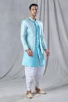 Shop_Arihant Rai Sinha_Blue Attached Jacket Jacquard Geometric Pattern Kurta And Dhoti Pant Set _Online_at_Aza_Fashions