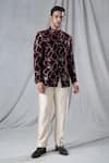 Buy_Arihant Rai Sinha_Maroon Bandhgala Velvet Embroidered Sequin Geometric Pattern And Pant Set_at_Aza_Fashions