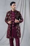 Shop_Arihant Rai Sinha_Maroon Kurta And Pant Silk Embroidery Sequin Abstract Long Jacket & Set _Online_at_Aza_Fashions