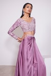 PANIHARI_Pink Skirt Satin Crepe Embroidered Sequin V- Neck Floral Blouse With Draped_Online_at_Aza_Fashions