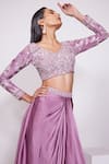 Buy_PANIHARI_Pink Skirt Satin Crepe Embroidered Sequin V- Neck Floral Blouse With Draped_Online_at_Aza_Fashions