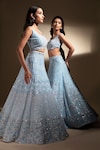 Buy_PANIHARI_Blue Organza Embroidered Sequin U- Neck Floral Lehenga And Blouse Set