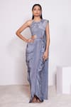 Buy_PANIHARI_Grey Saree Skirt Satin Crepe Embroidered Sequin Pre-draped With Neck Blouse _at_Aza_Fashions