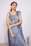 Buy_PANIHARI_Grey Saree Skirt Satin Crepe Embroidered Sequin Pre-draped With Blouse_Online_at_Aza_Fashions