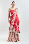 Buy_Anamika Khanna_Red Embroidered Floral Pre-draped Saree With Unstitched Blouse Piece _at_Aza_Fashions