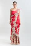 Anamika Khanna_Red Embroidered Floral Pre-draped Saree With Unstitched Blouse Piece _Online_at_Aza_Fashions