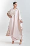 Buy_Anamika Khanna_Pink Embroidered Floral Round Kaftan Tunic And Draped Skirt Set _at_Aza_Fashions