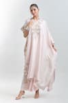 Anamika Khanna_Pink Embroidered Floral Round Kaftan Tunic And Draped Skirt Set _at_Aza_Fashions