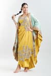 Buy_Anamika Khanna_Yellow Embroidered Floral Blouse Round Draped Tunic Set With Cape_at_Aza_Fashions