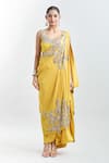 Buy_Anamika Khanna_Yellow Embroidered Floral Blouse Round Draped Tunic Set With Cape