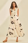 Buy_Kharakapas_Off White Cotton V-neck Dalmation Printed Waistcoat And Skirt Set _at_Aza_Fashions