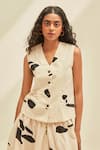 Kharakapas_Off White Cotton V-neck Dalmation Printed Waistcoat And Skirt Set _Online_at_Aza_Fashions