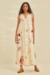 Buy_Kharakapas_Off White Cotton Mul Printed Floral V Neck Teen Spirit Jumpsuit _at_Aza_Fashions