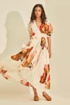 Buy_Kharakapas_Off White Cotton V-neck Wild Poppy Printed Wrap Dress_at_Aza_Fashions
