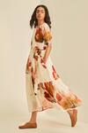 Shop_Kharakapas_Off White Cotton V-neck Wild Poppy Printed Wrap Dress_Online_at_Aza_Fashions