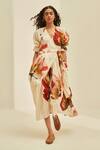 Buy_Kharakapas_Off White Cotton V-neck Wild Poppy Printed Wrap Dress