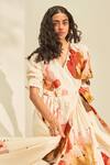 Shop_Kharakapas_Off White Cotton V-neck Wild Poppy Printed Wrap Dress