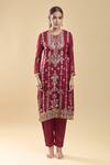 Buy_Samyukta Singhania_Maroon Faux Georgette Embroidered Zari Round Floral Kurta Pant Set _Online_at_Aza_Fashions