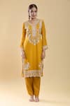 Shop_Samyukta Singhania_Yellow Georgette Embroidered Zari Round Floral Paisley Kurta Pant Set _Online_at_Aza_Fashions