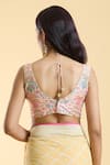 Shop_Samyukta Singhania_Peach Silk Blend Printed Floral Plunge V Neck Blouse _at_Aza_Fashions