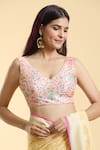 Samyukta Singhania_Peach Silk Blend Printed Floral Plunge V Neck Blouse _Online_at_Aza_Fashions