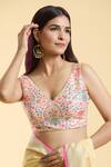 Buy_Samyukta Singhania_Peach Silk Blend Printed Floral Plunge V Neck Blouse _Online_at_Aza_Fashions