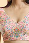 Samyukta Singhania_Peach Silk Blend Printed Floral Plunge V Neck Blouse _at_Aza_Fashions