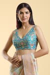 Samyukta Singhania_Blue Silk Blend Printed Floral Plunge V Neck Resham Detailed Blouse _Online_at_Aza_Fashions