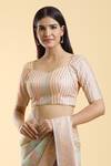 Samyukta Singhania_Peach Poly Blend Embroidered Floral Leaf Neck Stripe Thread Blouse _Online_at_Aza_Fashions