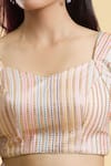 Samyukta Singhania_Peach Poly Blend Embroidered Floral Leaf Neck Stripe Thread Blouse _at_Aza_Fashions